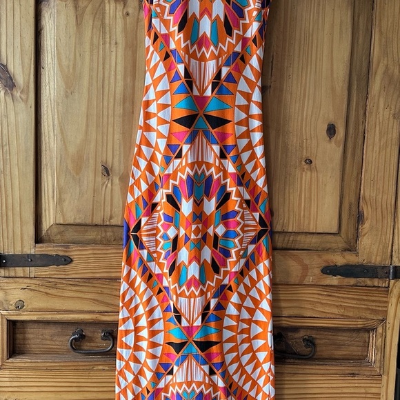 Geometric Aztec Southwestern Long Tank Maxi Dress Orange Blue Turquoise - XS - Picture 4 of 15